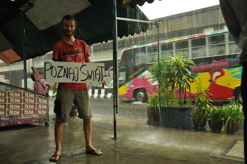 Karol Zientek, hitchhiking outside Bangkok